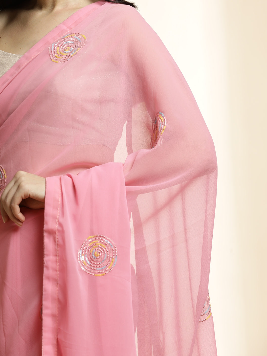 Sequin Embroidered Pure Georgette Pink Saree