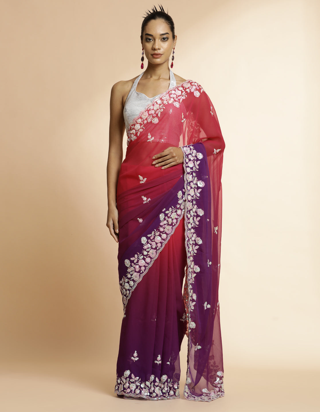 Sequin Work Shaded Pure Georgette Red Wine Saree