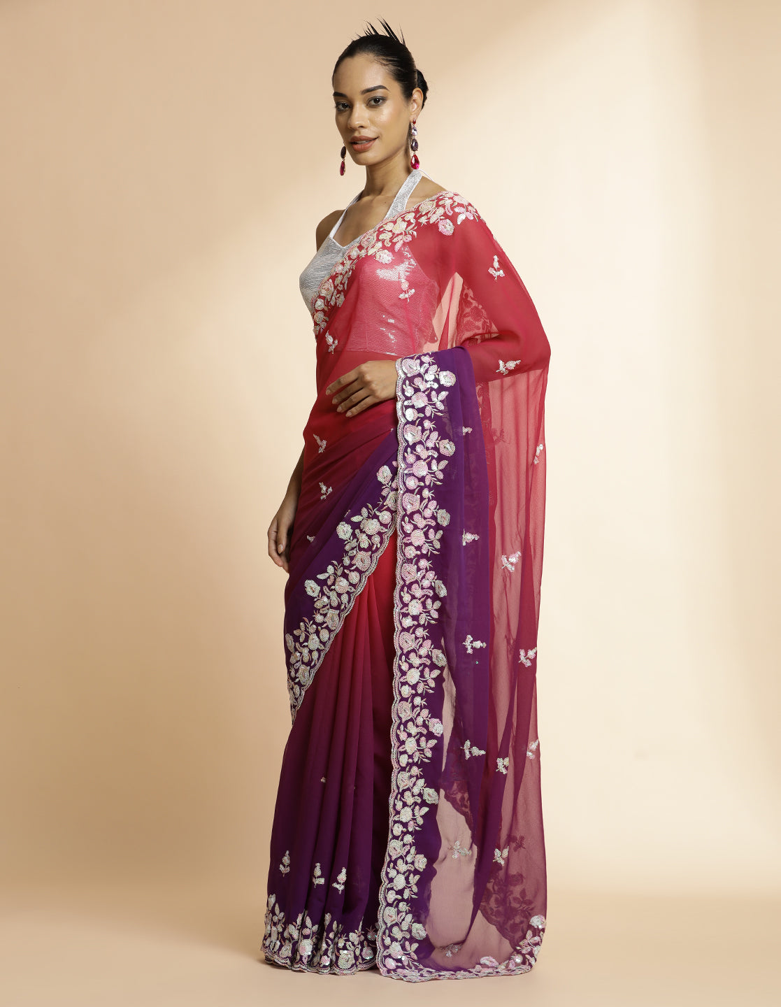 Sequin Work Shaded Pure Georgette Red Wine Saree