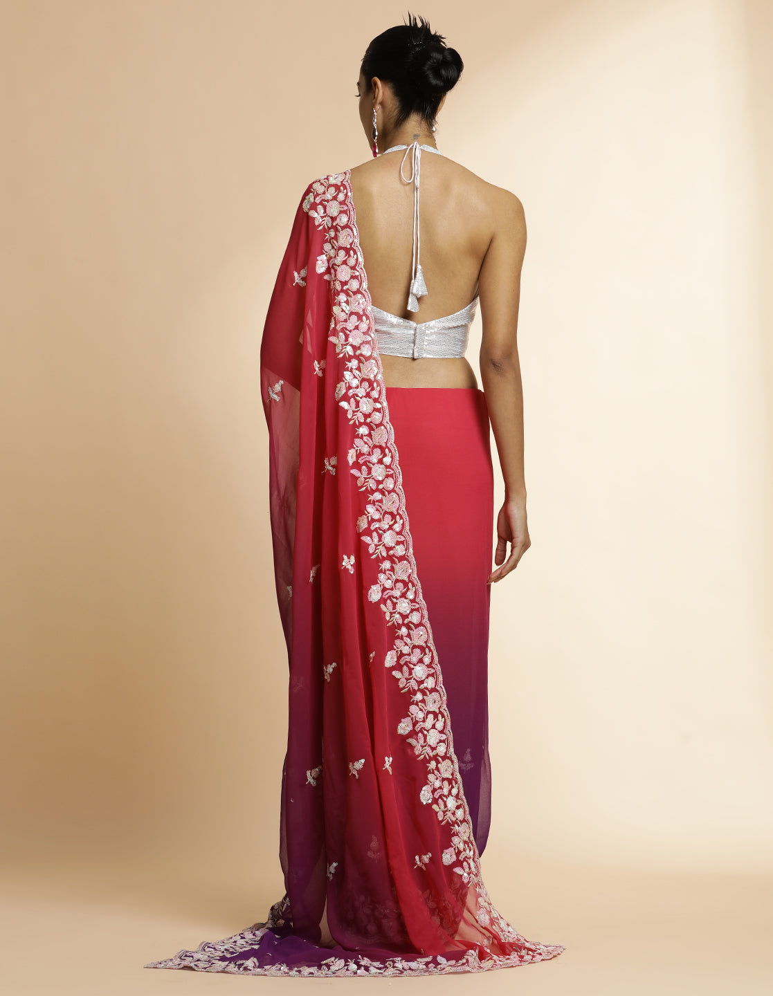 Sequin Work Shaded Pure Georgette Red Wine Saree