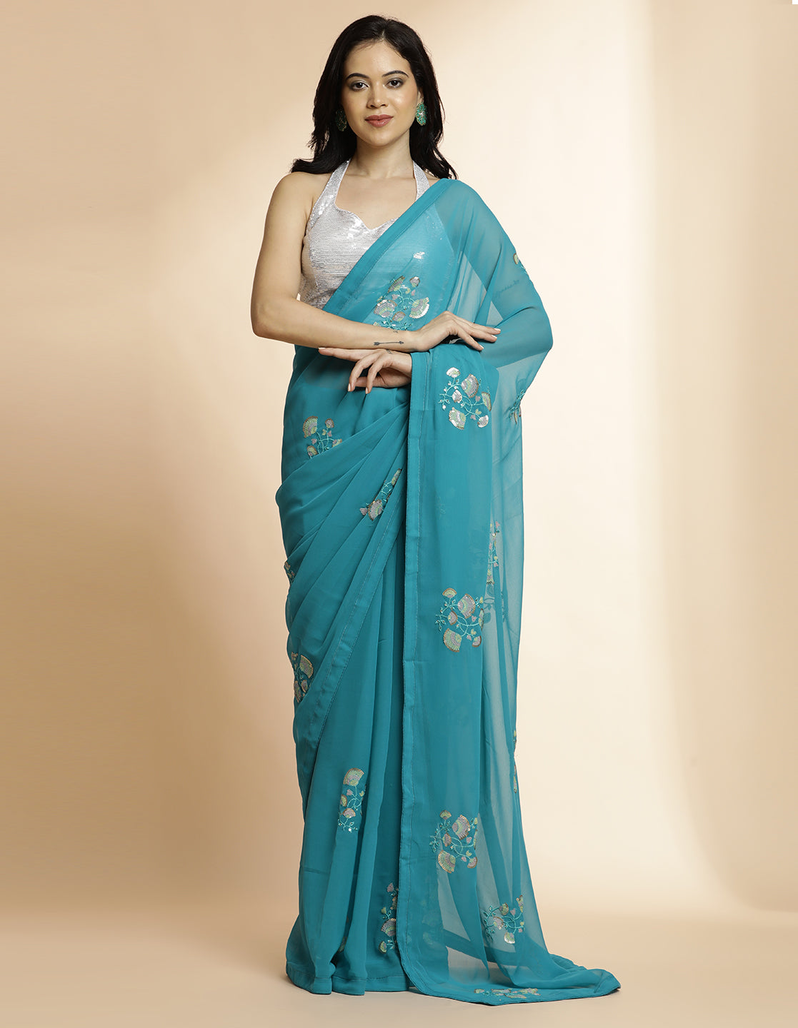 Sequin Embroidered Pure Georgette Blue Saree