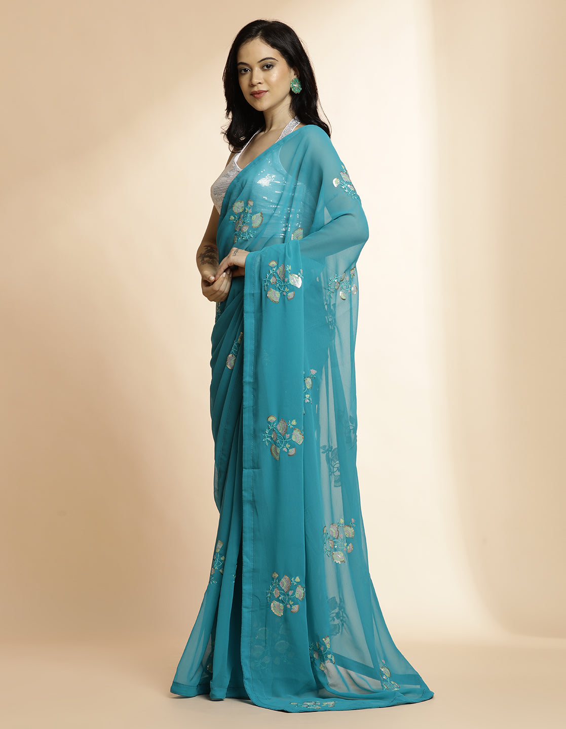 Sequin Embroidered Pure Georgette Blue Saree