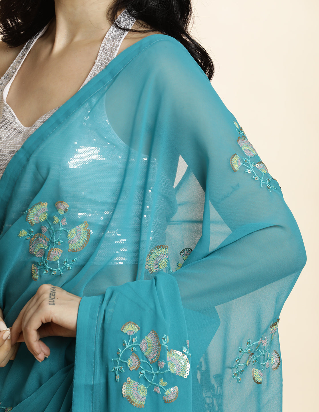 Sequin Embroidered Pure Georgette Blue Saree