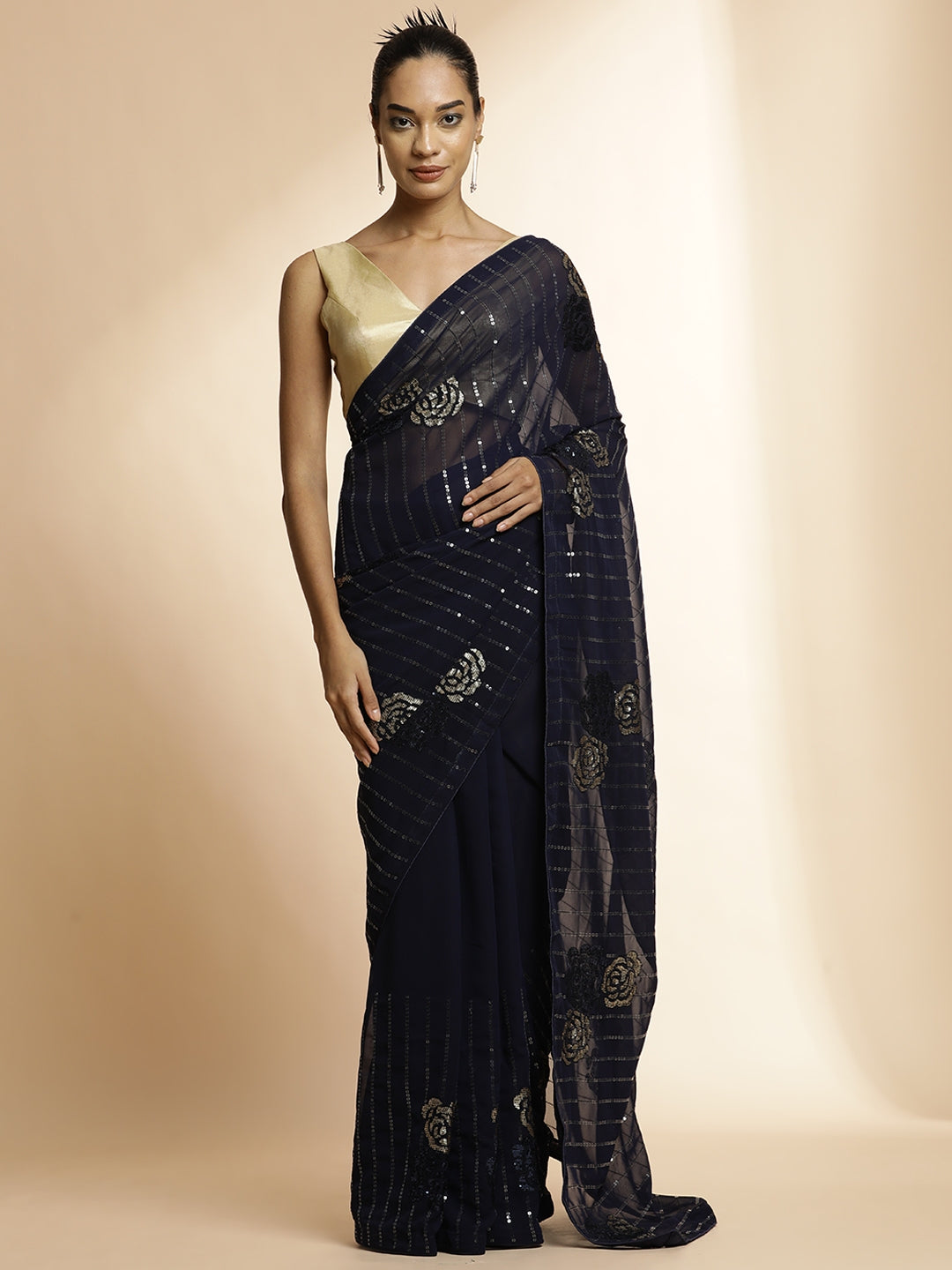 Navy Blue Sequin Embellished Georgette Heavy Saree