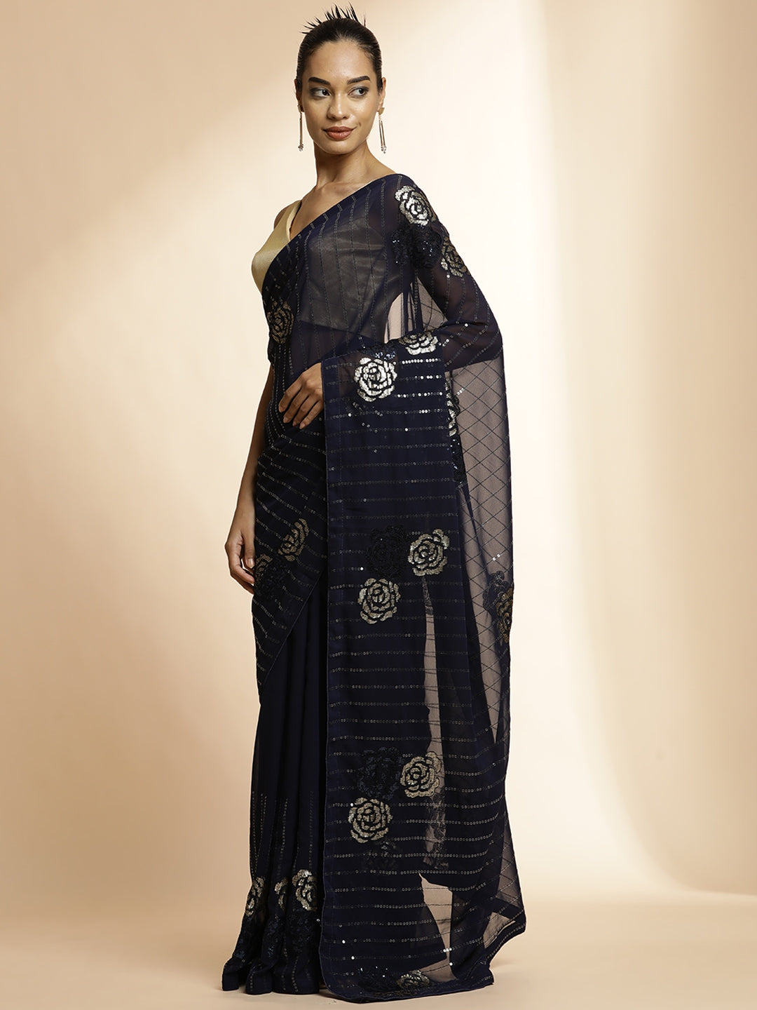 Navy Blue Sequin Embellished Georgette Heavy Saree