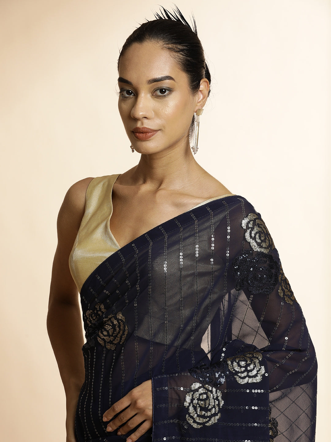 Navy Blue Sequin Embellished Georgette Heavy Saree