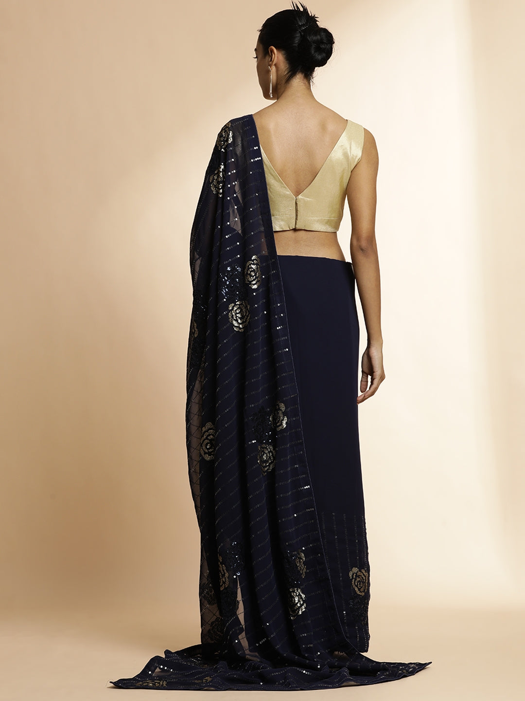 Navy Blue Sequin Embellished Georgette Heavy Saree