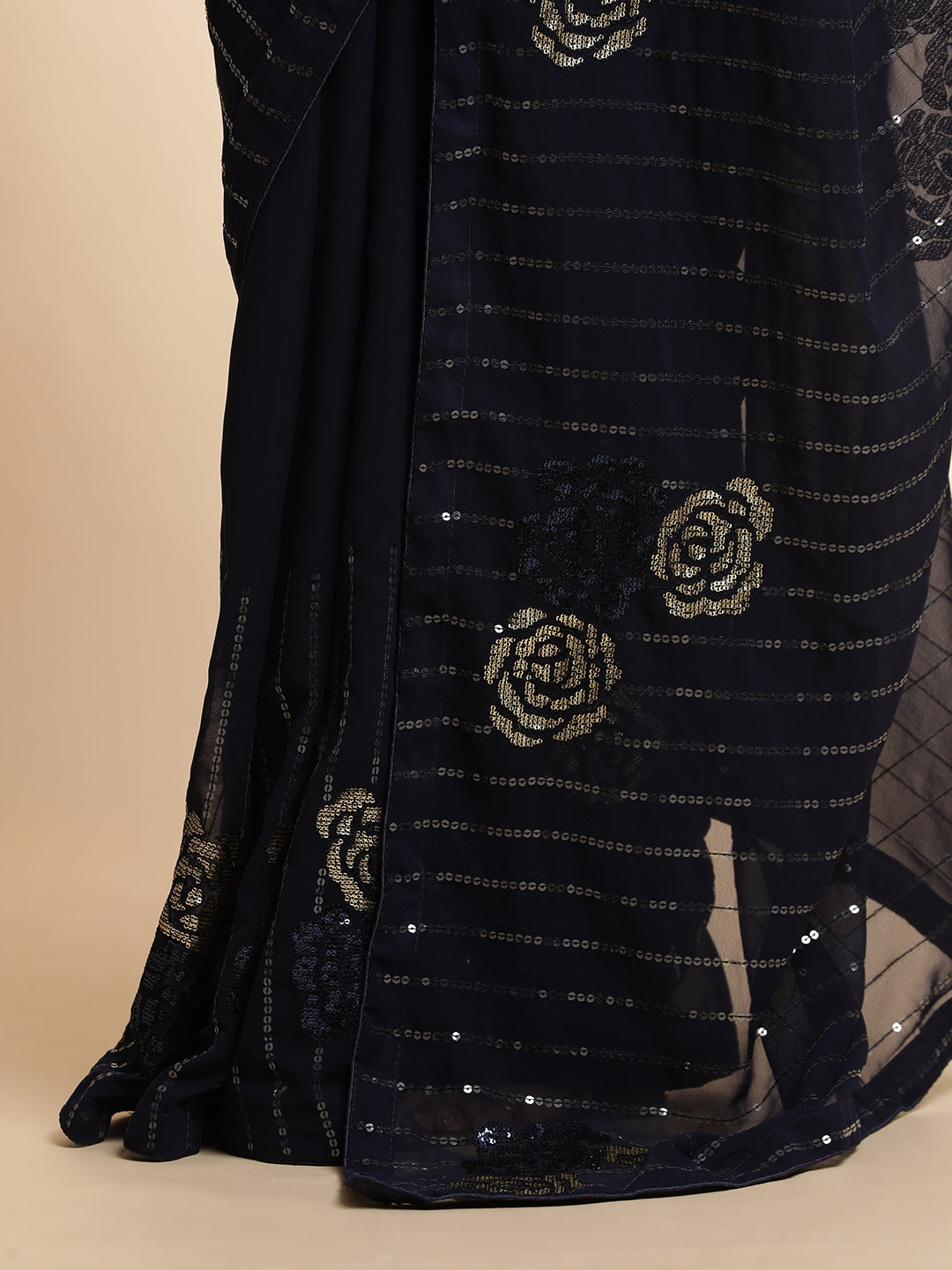 Navy Blue Sequin Embellished Georgette Heavy Saree