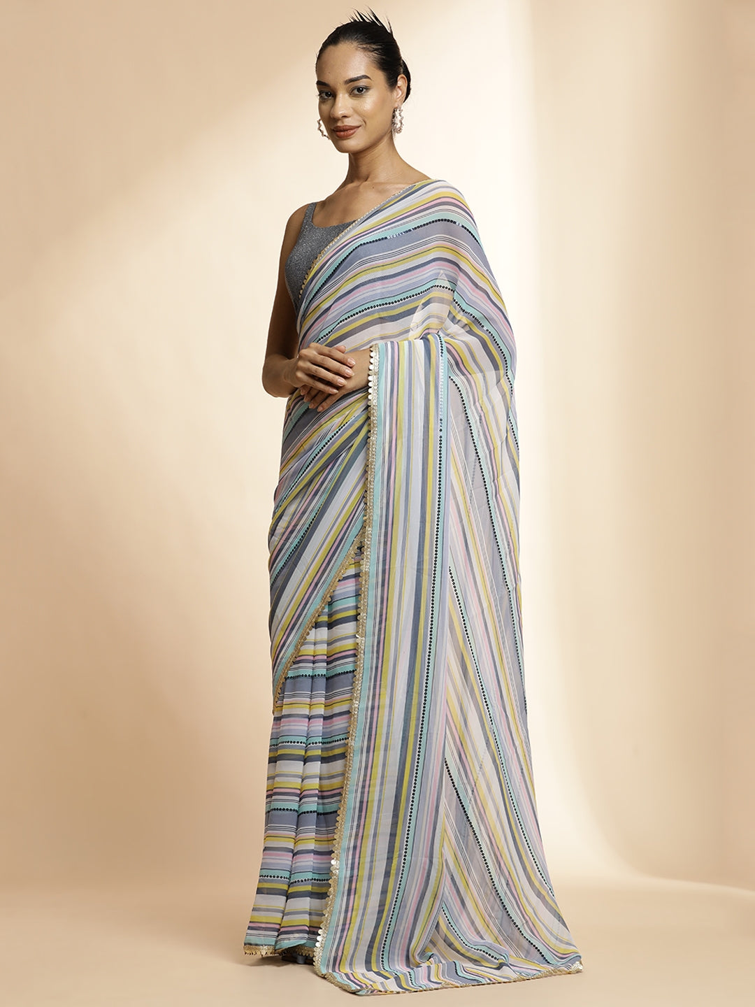 Striped Sequin Embellished Festive Multicolor Saree