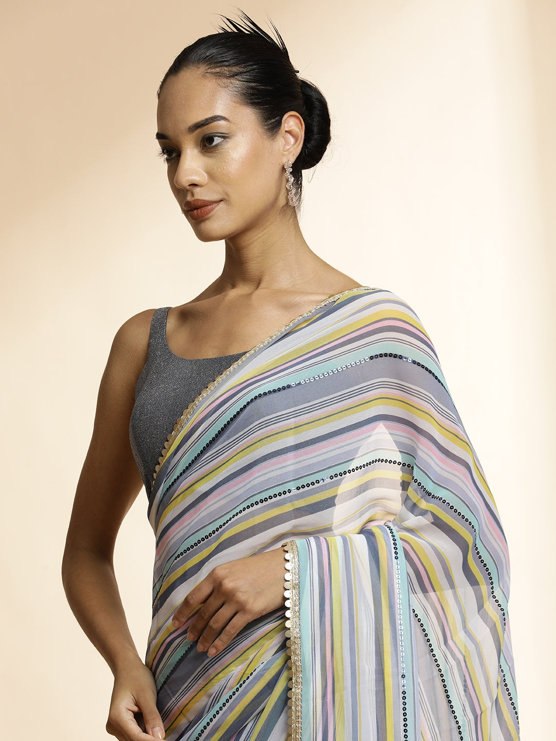 Striped Sequin Embellished Festive Multicolor Saree