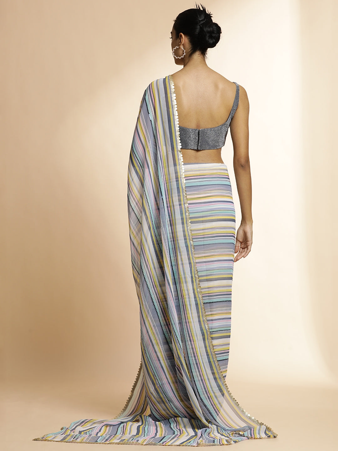 Striped Sequin Embellished Festive Multicolor Saree