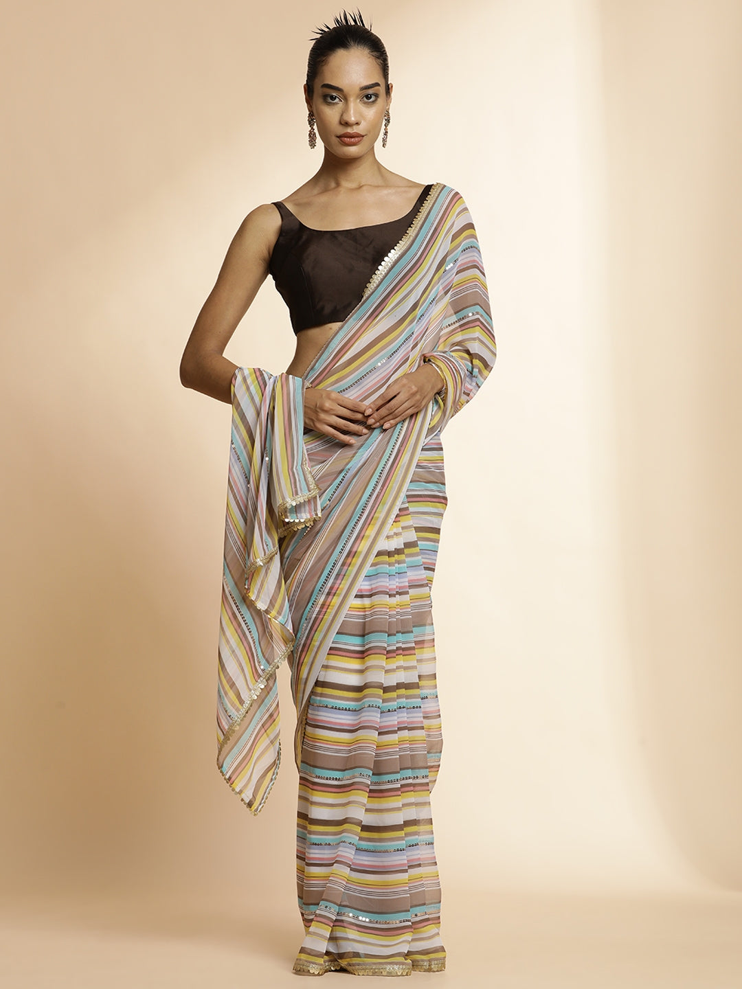 Striped Sequin Embellished Festive Multicolor Saree