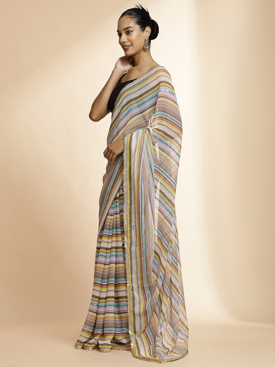 Striped Sequin Embellished Festive Brown Saree