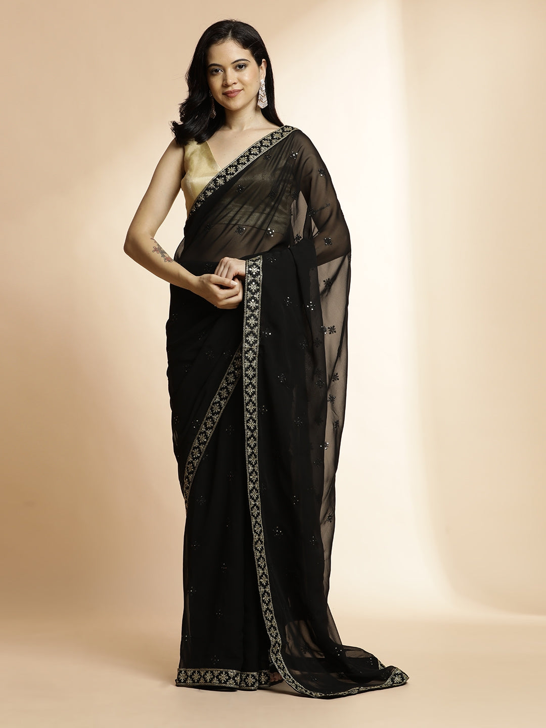 Party Wear Sequin Work Georgette Black Saree