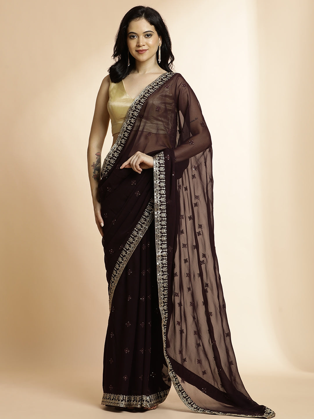 Party Wear Sequin Work Red Wine Georgette Saree