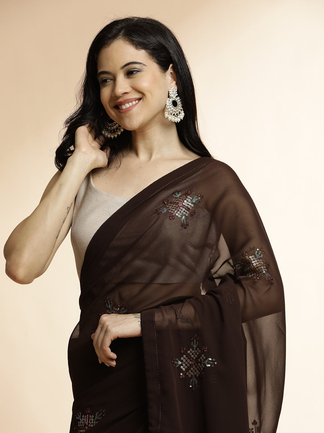 Party Wear Sequin Work Brown Georgette Saree