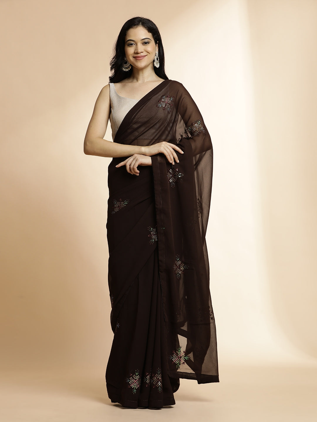 Party Wear Sequin Work Brown Georgette Saree