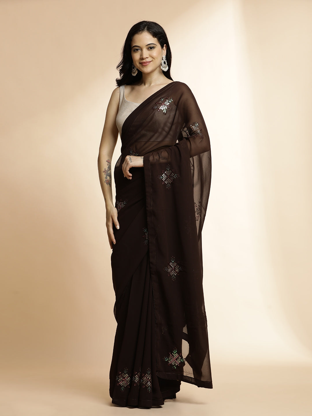 Party Wear Sequin Work Brown Georgette Saree