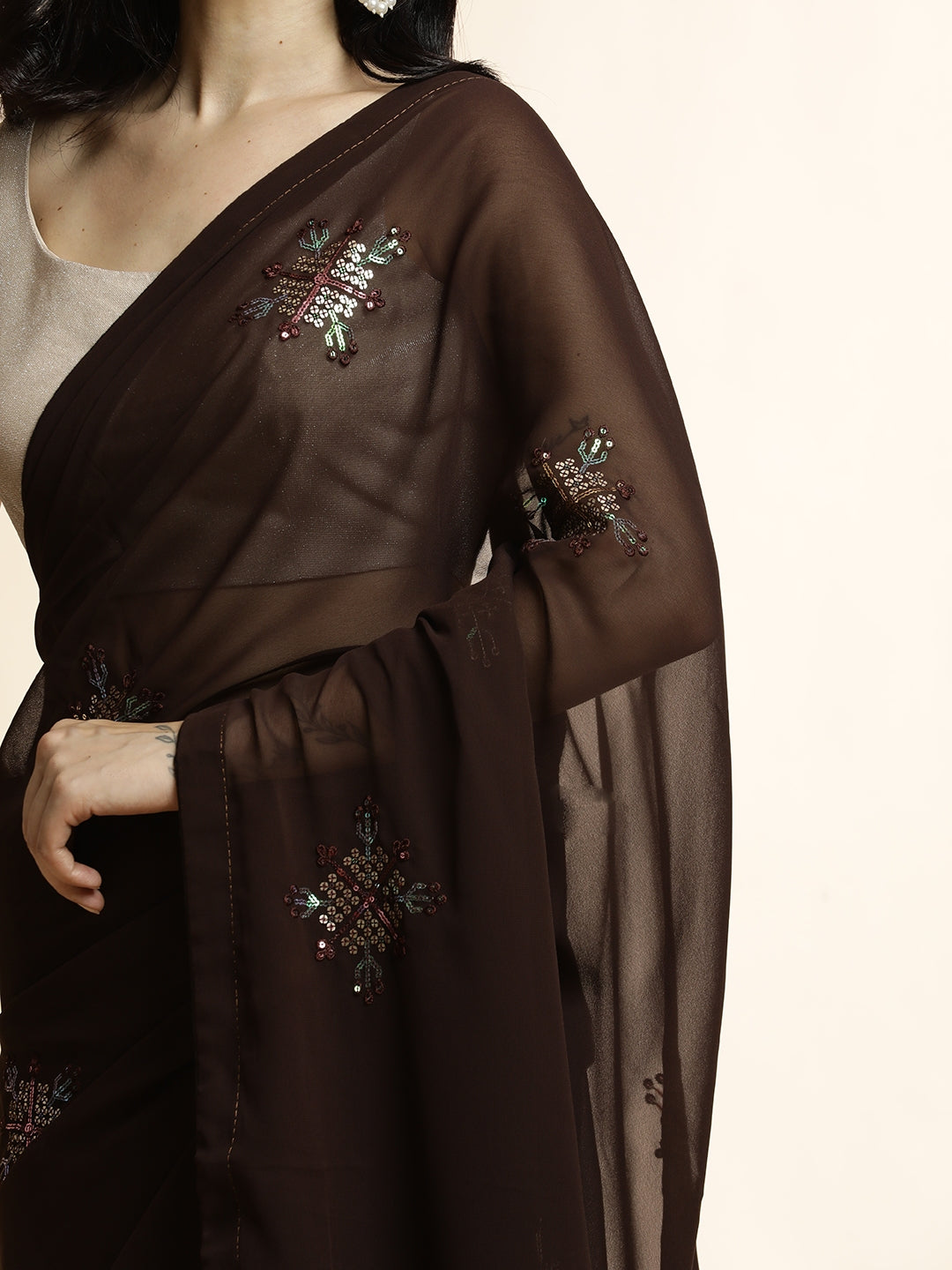 Party Wear Sequin Work Brown Georgette Saree