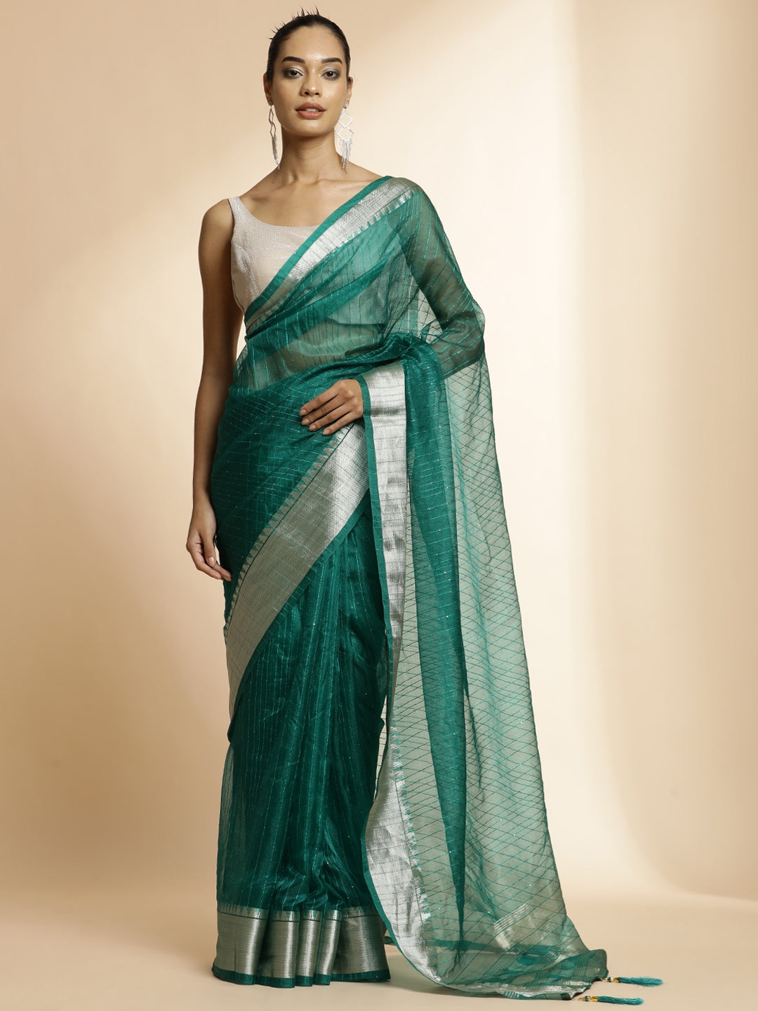 Teal Woven Khadi Organza Saree