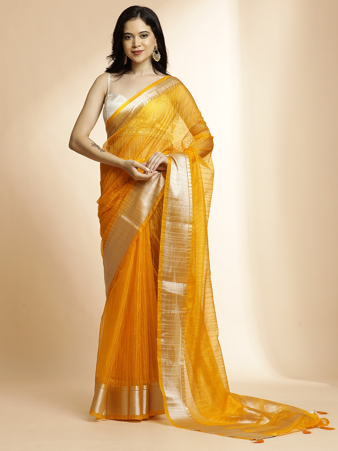 Yellow Woven Khadi Organza Saree