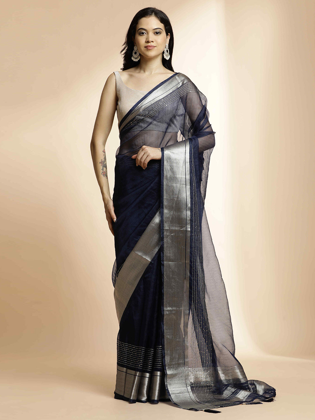 Navy Blue Woven Design Khadi Organza Saree