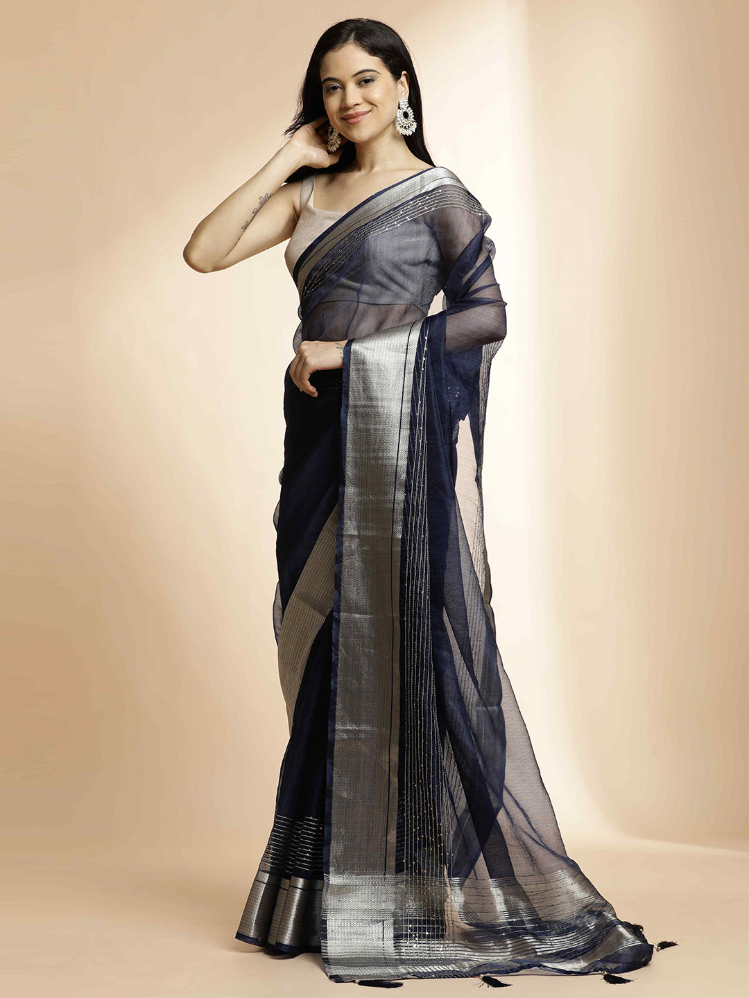 Navy Blue Woven Design Khadi Organza Saree