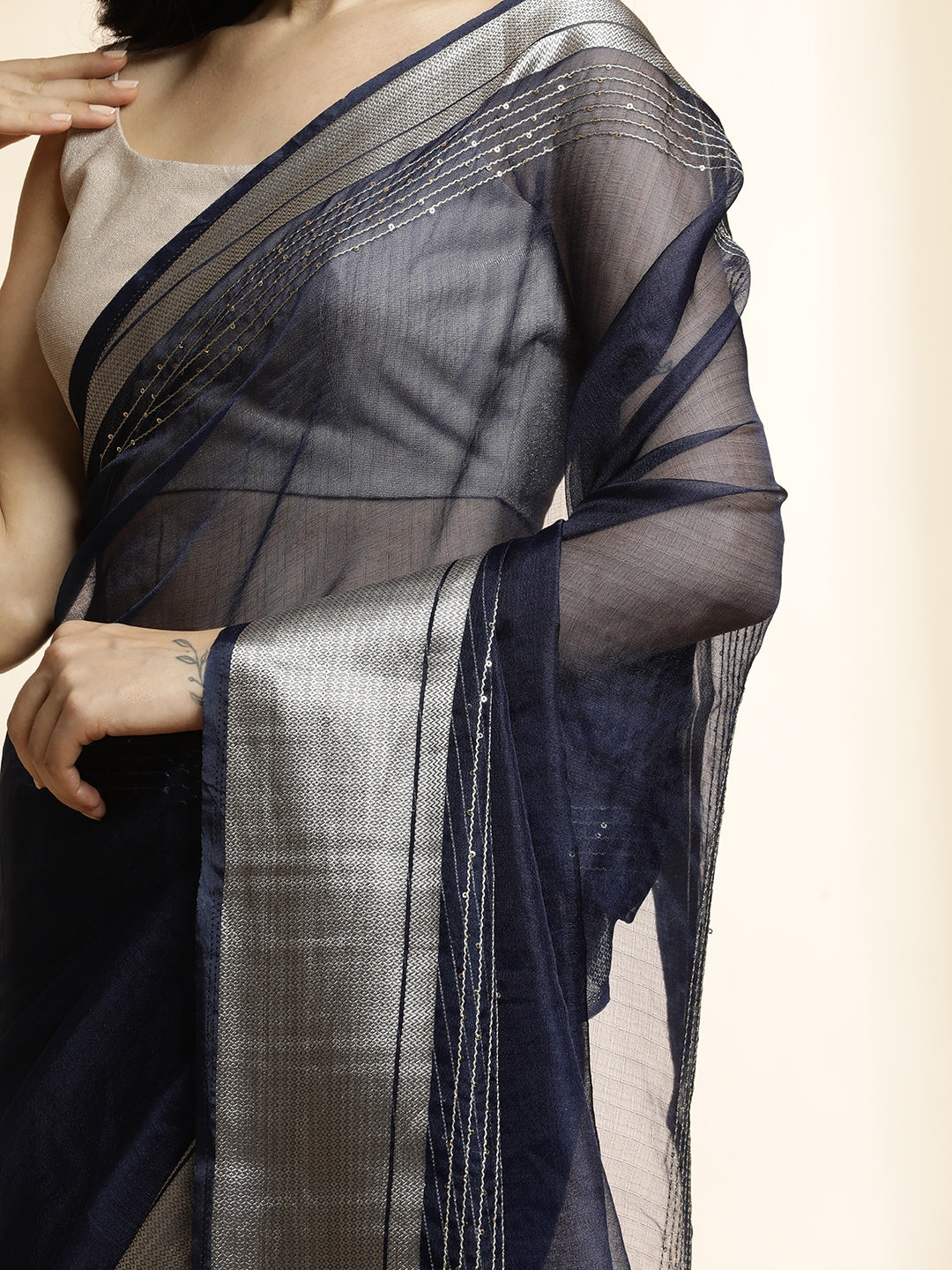 Navy Blue Woven Design Khadi Organza Saree