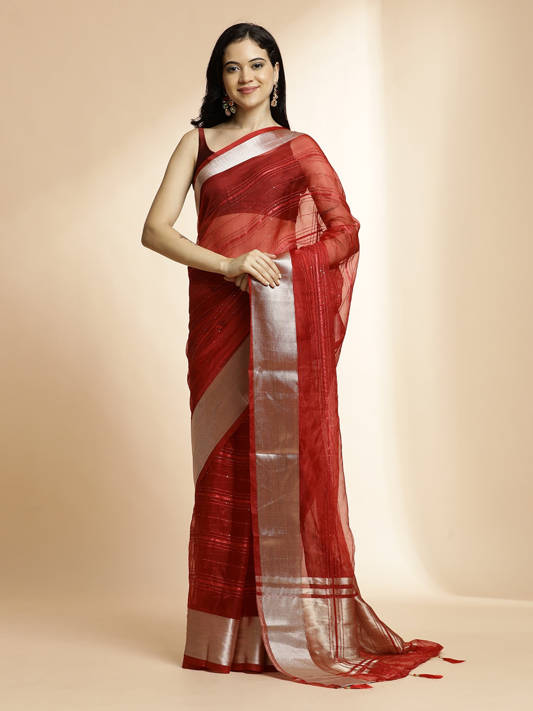 Woven Design Khadi Red Organza Saree