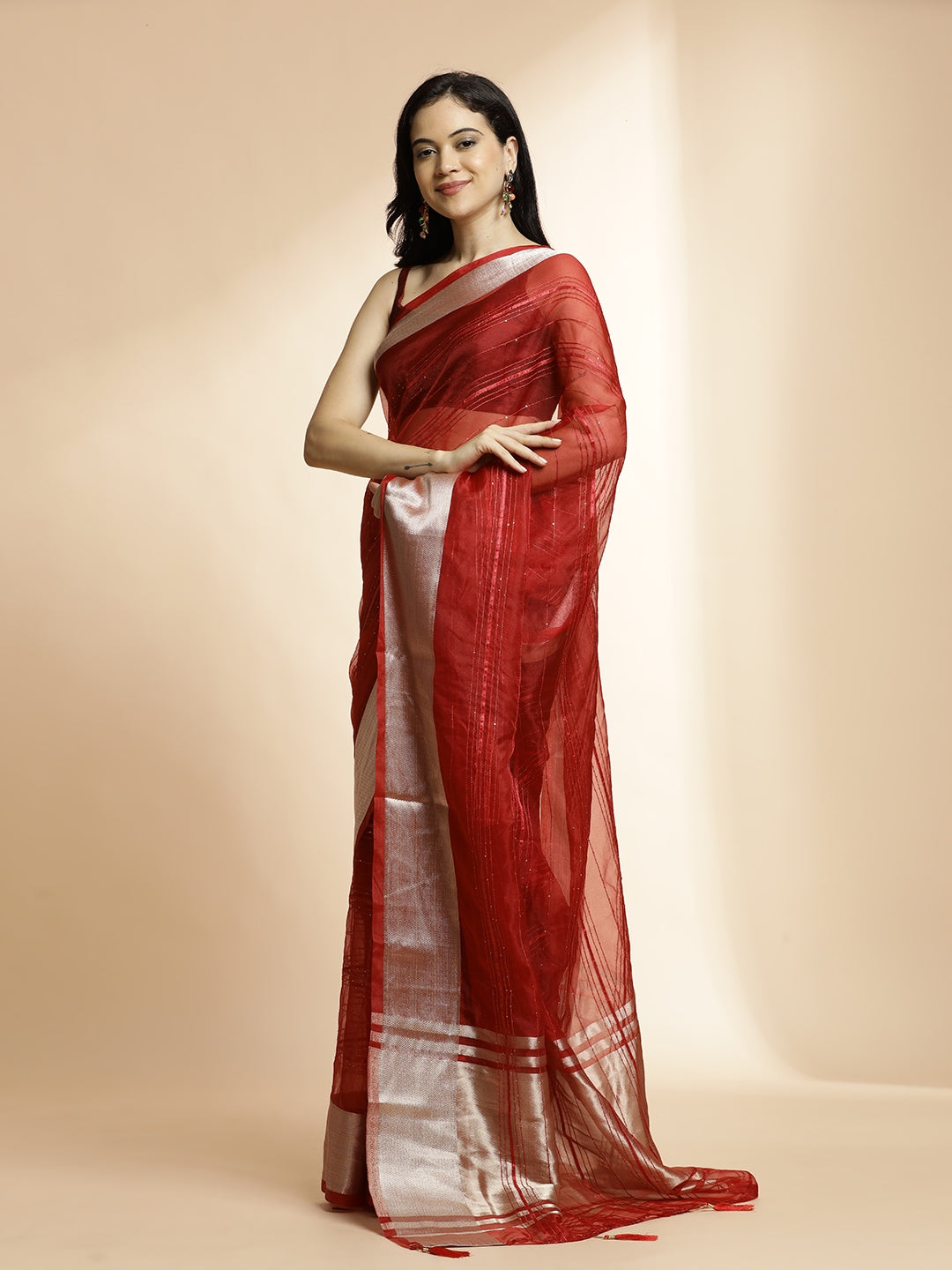 Woven Design Khadi Red Organza Saree