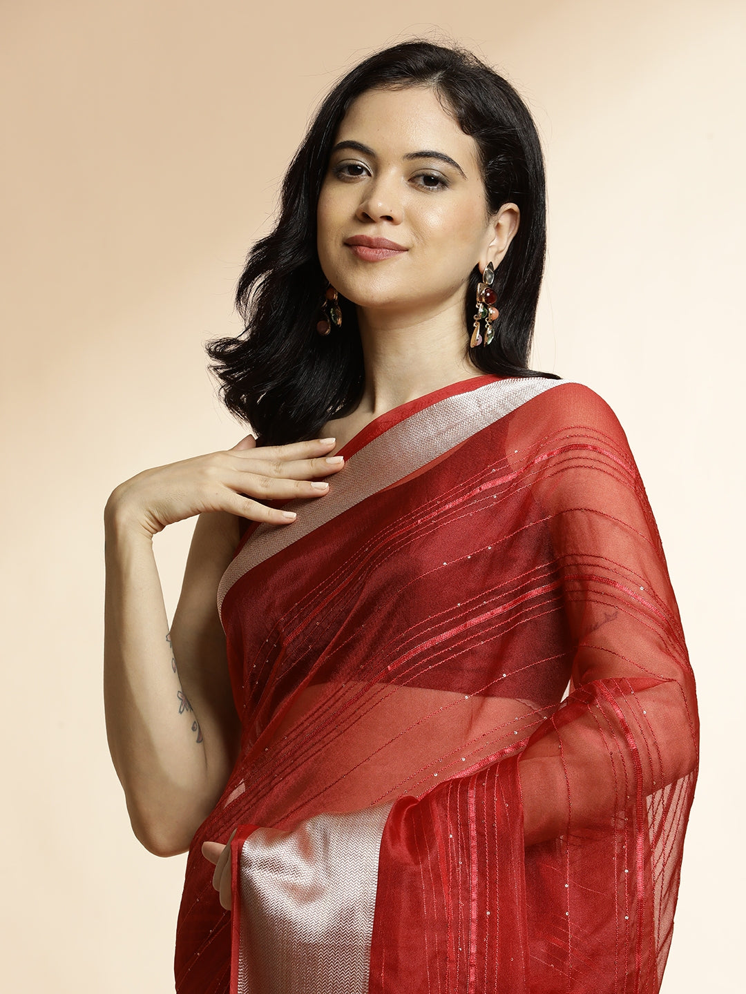 Woven Design Khadi Red Organza Saree