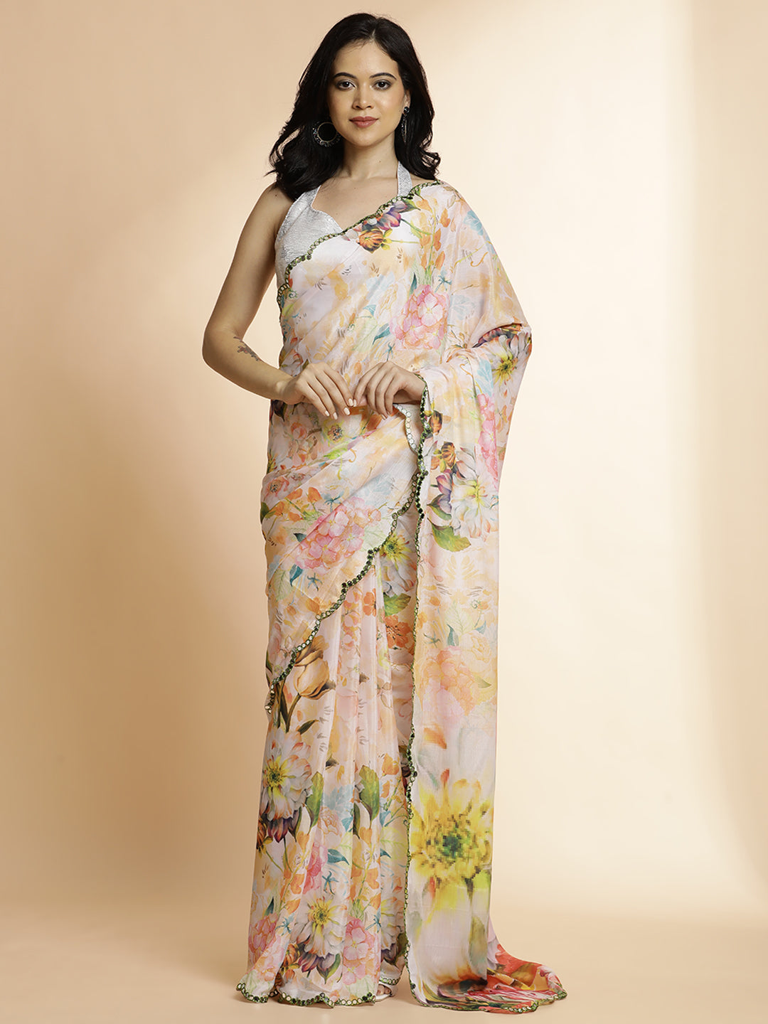 Floral Pure Georgette Mirror Work Saree