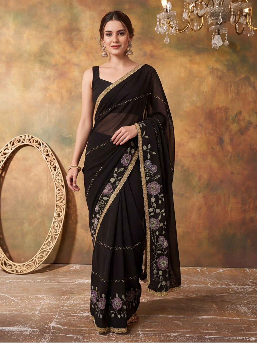 Georgette with Beads pipe and Multi threads work Saree With Unstitched Blouse Piece