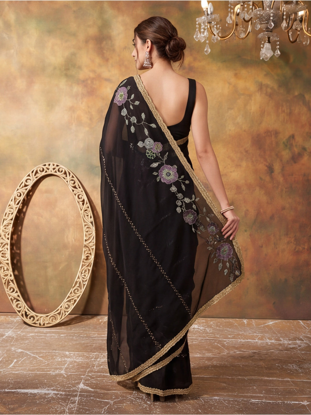 Georgette with Beads pipe and Multi threads work Saree With Unstitched Blouse Piece