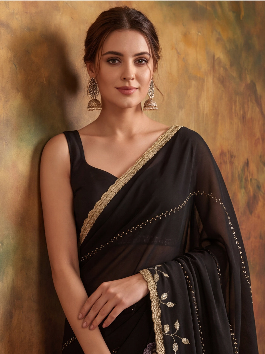 Georgette with Beads pipe and Multi threads work Saree With Unstitched Blouse Piece