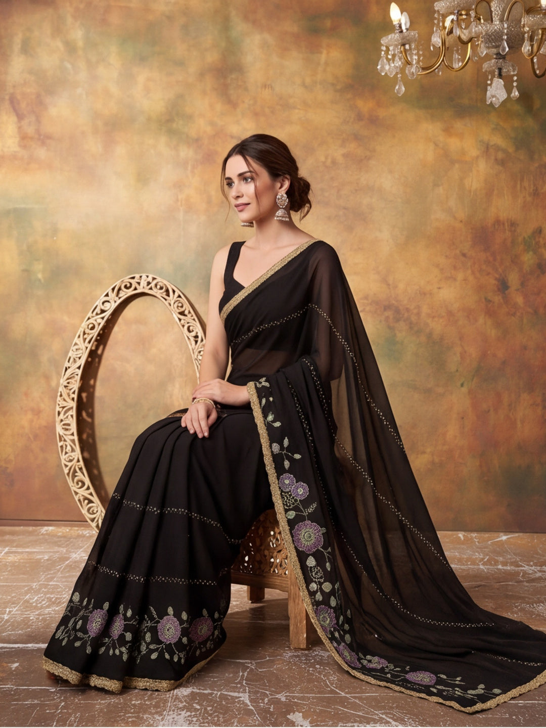 Georgette with Beads pipe and Multi threads work Saree With Unstitched Blouse Piece