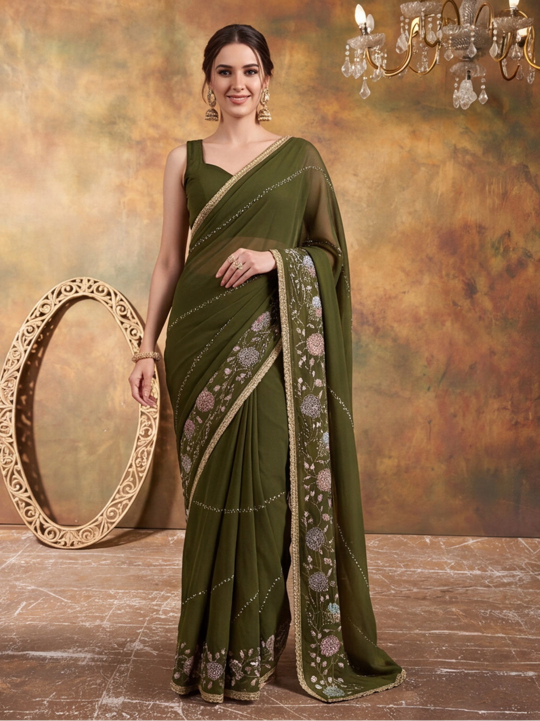 Georgette with Beads pipe and Multi threads work Saree With Unstitched Blouse Piece