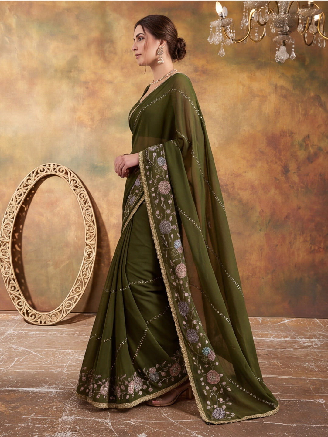 Georgette with Beads pipe and Multi threads work Saree With Unstitched Blouse Piece