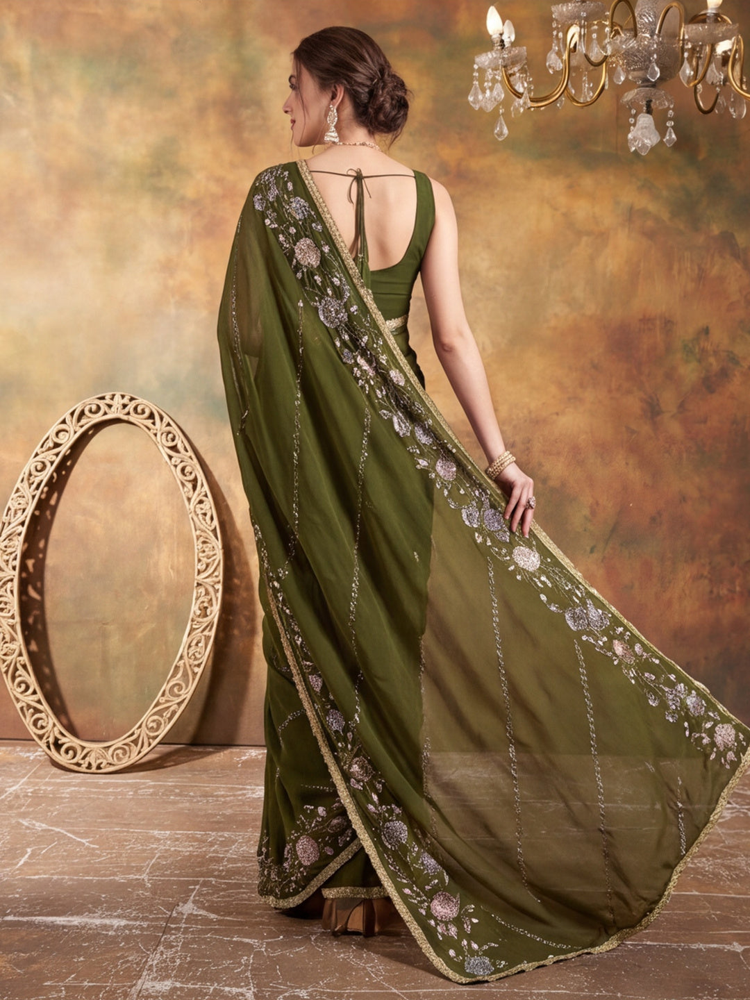 Georgette with Beads pipe and Multi threads work Saree With Unstitched Blouse Piece