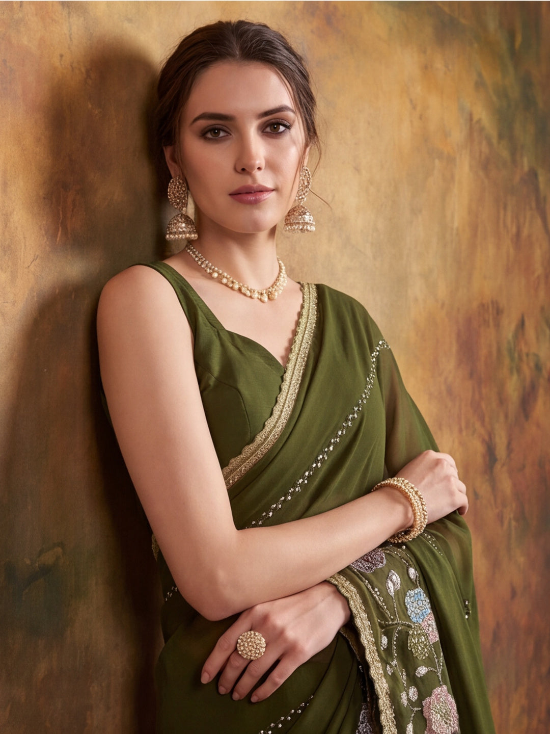 Georgette with Beads pipe and Multi threads work Saree With Unstitched Blouse Piece
