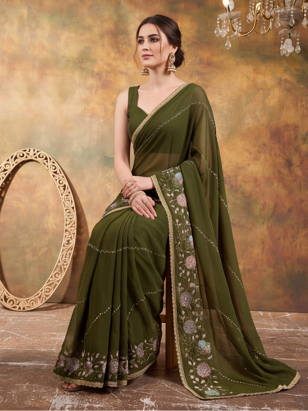 Georgette with Beads pipe and Multi threads work Saree With Unstitched Blouse Piece