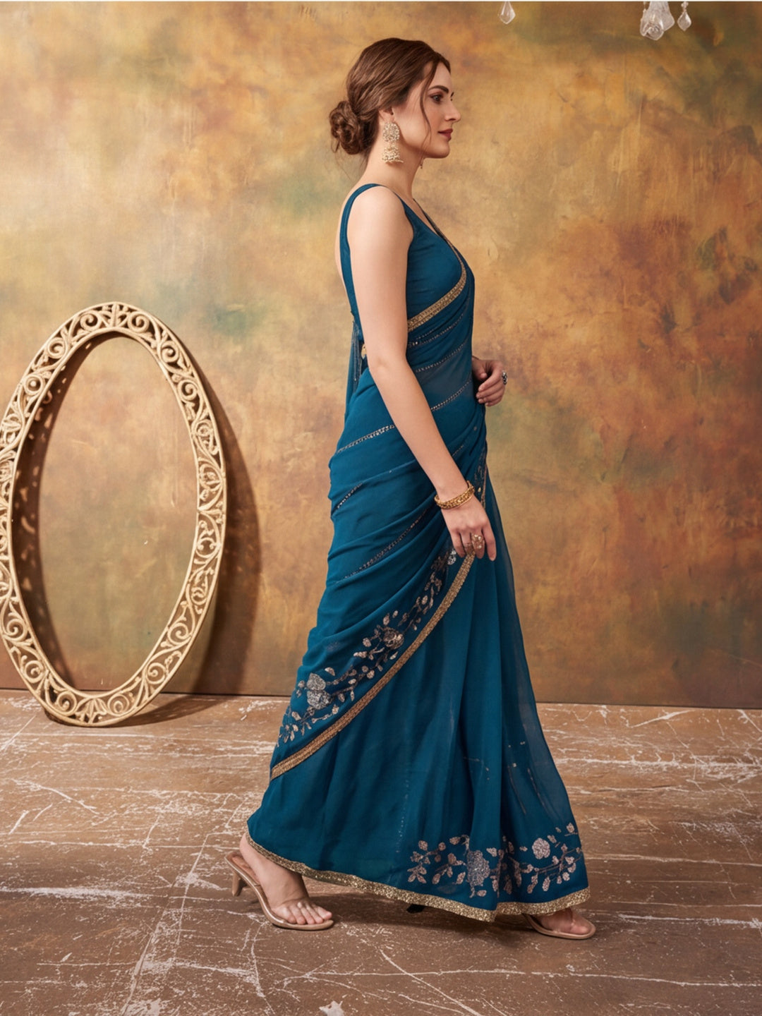 Georgette with Beads pipe and Multi threads work Saree With Unstitched Blouse Piece
