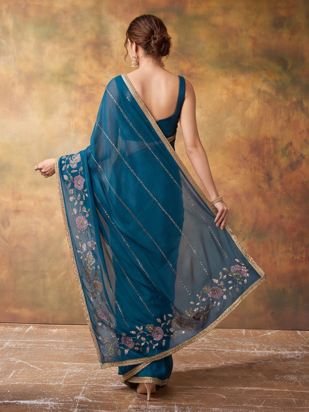 Georgette with Beads pipe and Multi threads work Saree With Unstitched Blouse Piece
