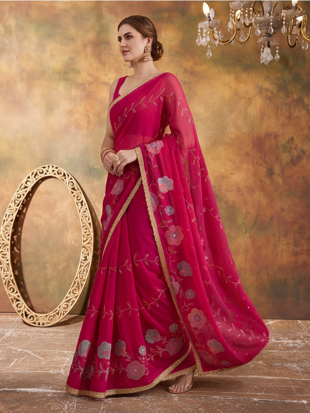 Georgette with Beads pipe and Multi threads work Saree With Unstitched Blouse Piece