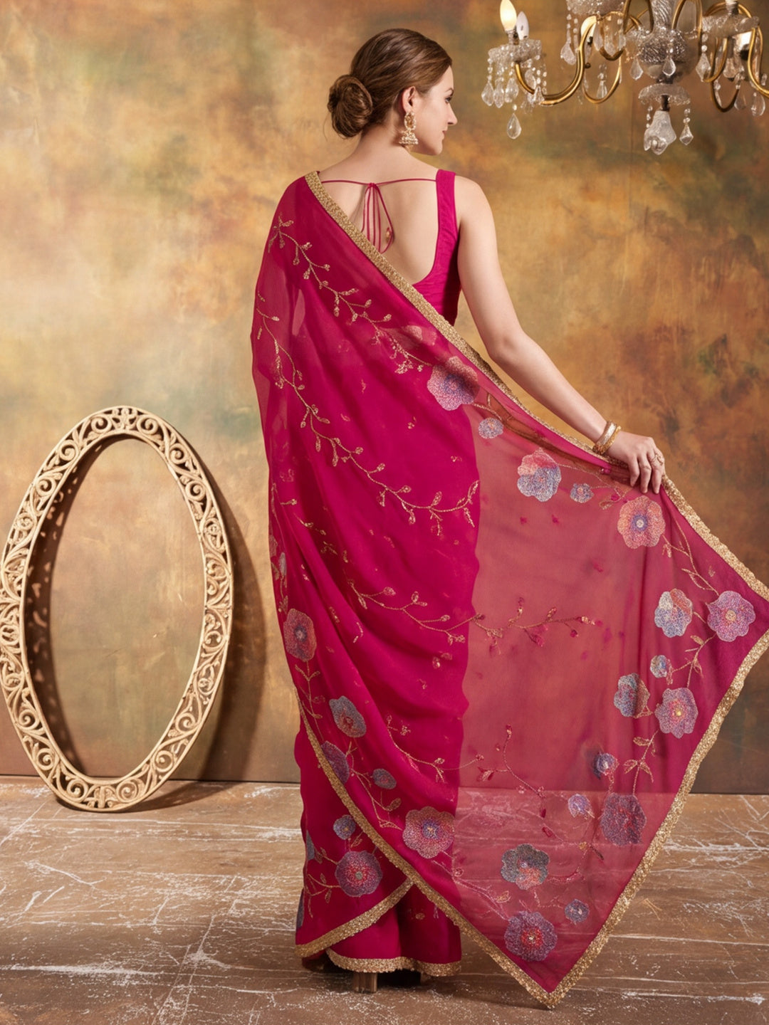 Georgette with Beads pipe and Multi threads work Saree With Unstitched Blouse Piece