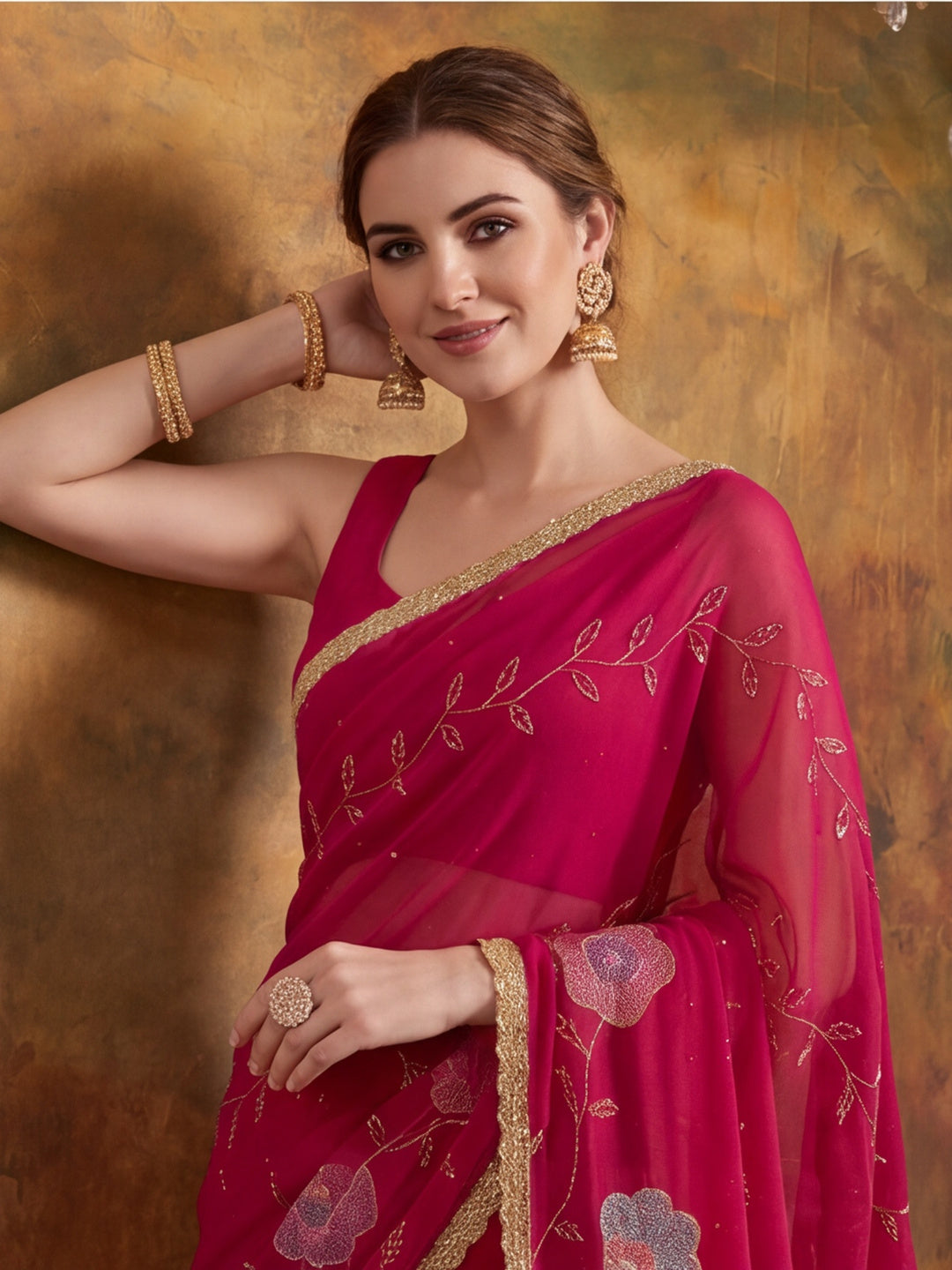 Georgette with Beads pipe and Multi threads work Saree With Unstitched Blouse Piece