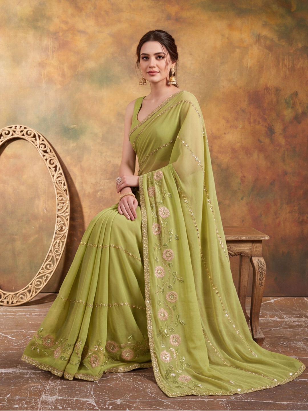 Georgette with Beads pipe and Multi threads work Saree With Unstitched Blouse Piece