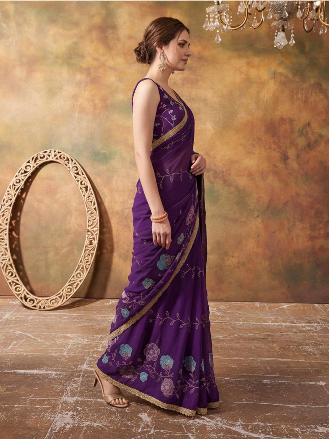 Georgette with Beads pipe and Multi threads work Saree With Unstitched Blouse Piece