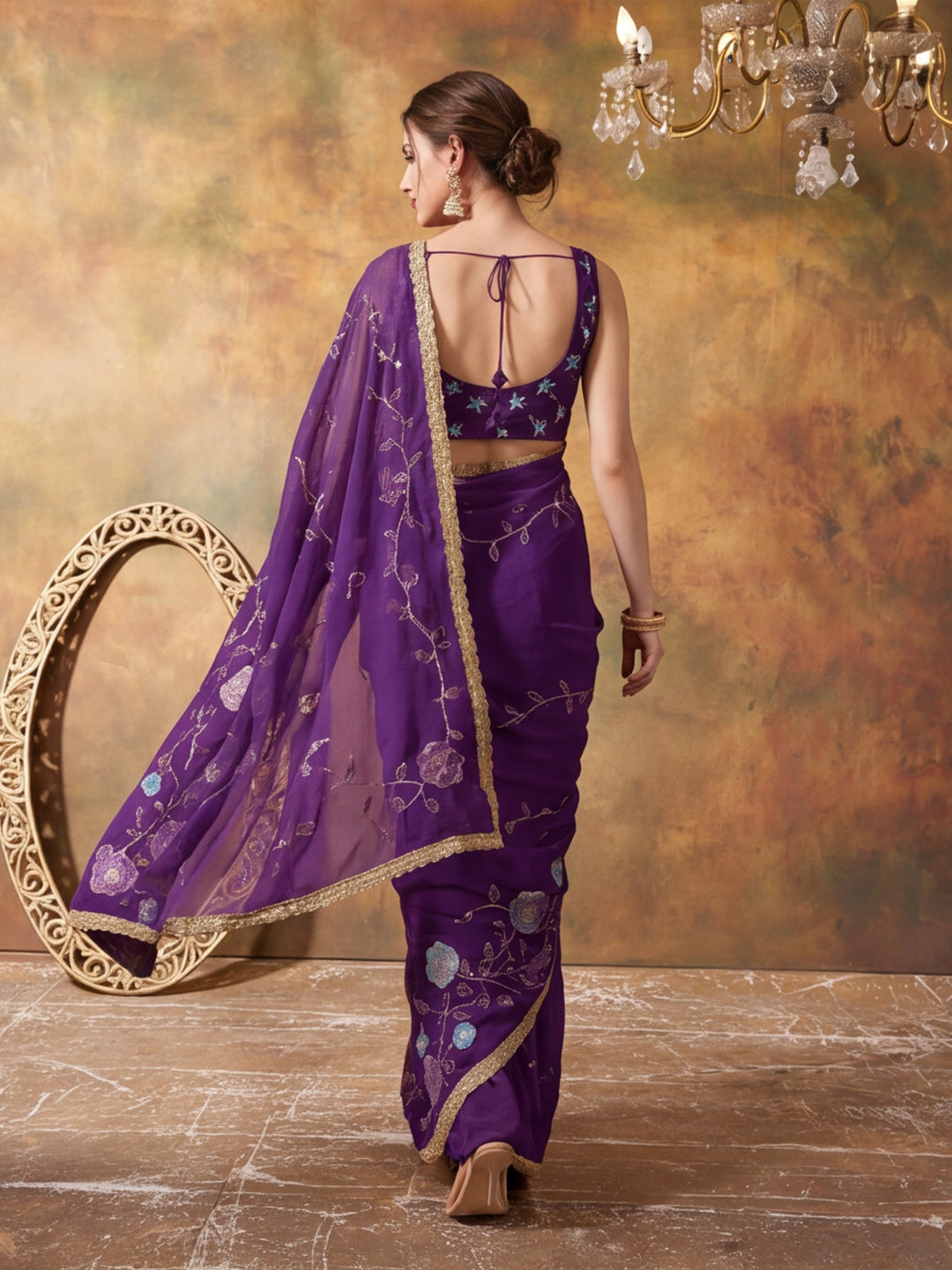 Georgette with Beads pipe and Multi threads work Saree With Unstitched Blouse Piece
