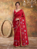 Georgette with Beads pipe and Multi threads work Saree With Unstitched Blouse Piece